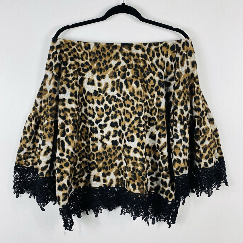 Ali Miles Size Large Animal Print Lace Trim Off Shoulder Top Brown Black Leopard